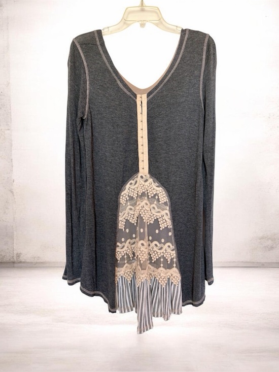 Anthropologie Tops - Anthropologie Scrapbook Originals Gray Mixed Media Tunic Top Lace Ruffles Stripe